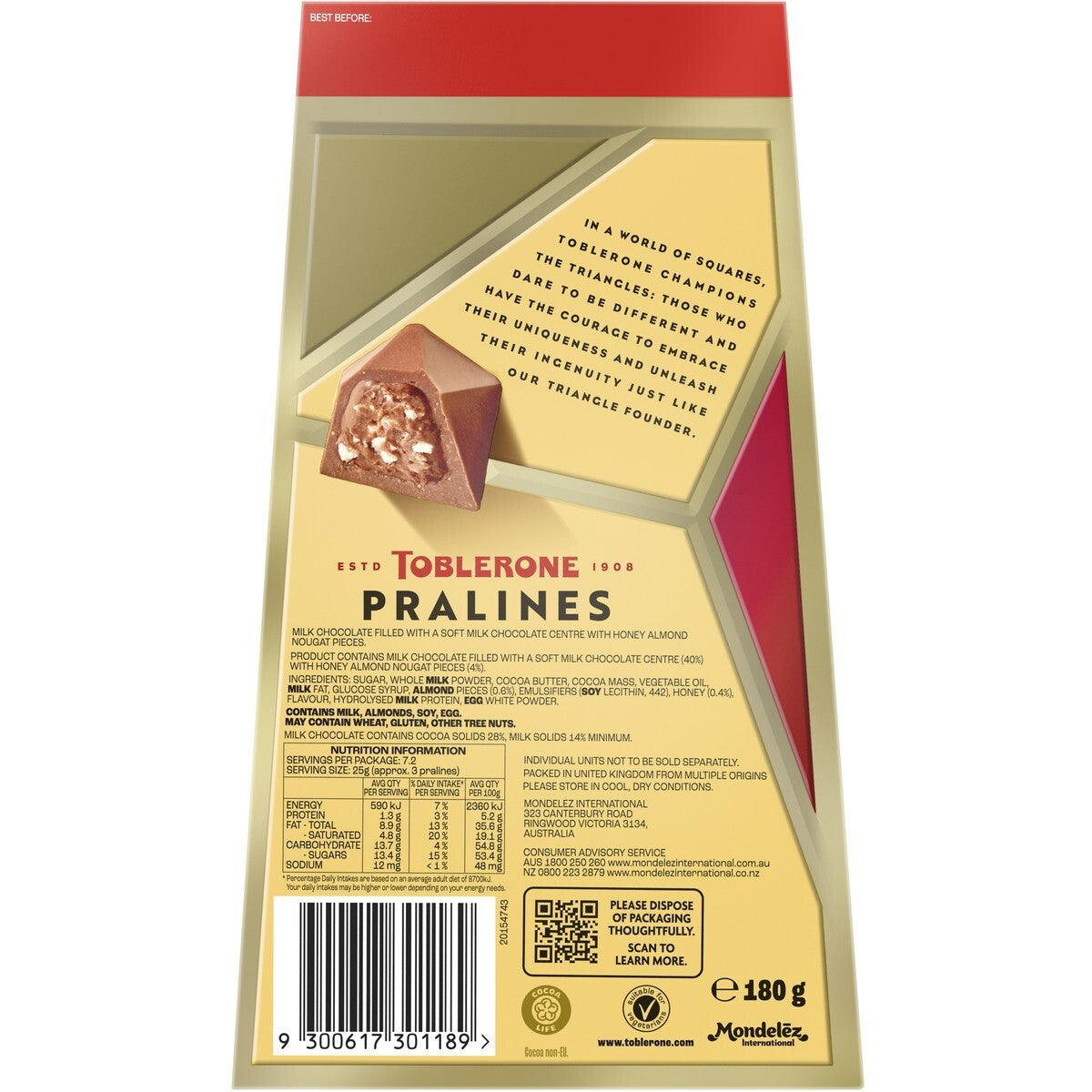 Toblerone Praline Swiss Milk Chocolate Delicious Almond Nougat Bite Snack 180g