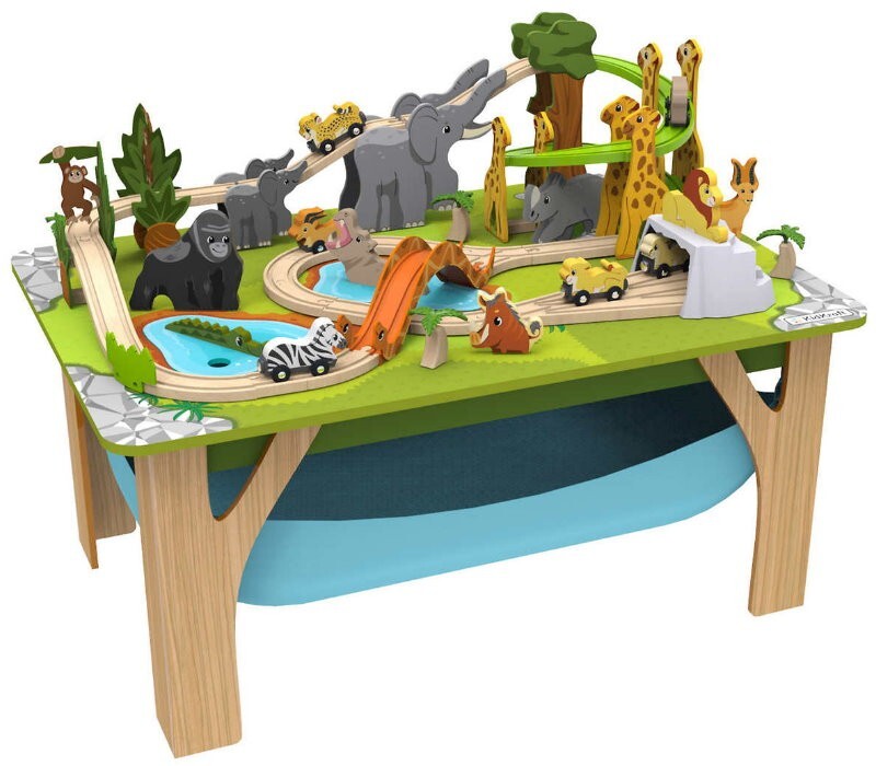 Kidkraft 52 Pcs Wooden Adventure Tracks Safari Run Play Table with Storage Net