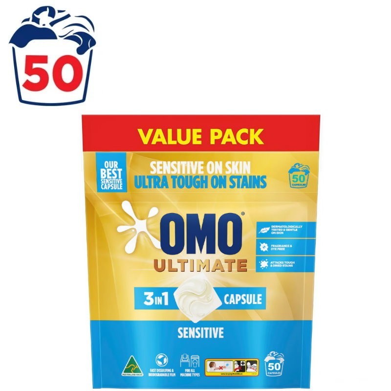 OMO Ultimate 3 in 1 Laundry Liquid Capsules Detergent Sensitive 50 or 100 Washes