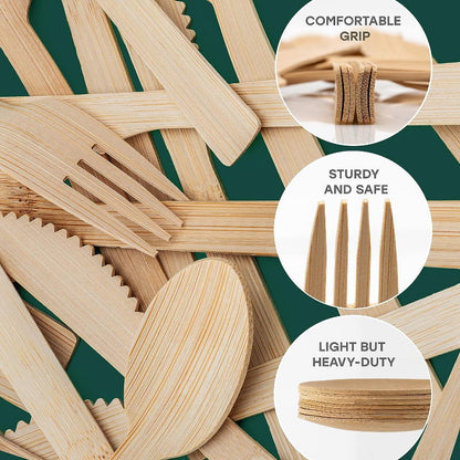iECO 320pcs Disposable 100% Bamboo Utensils Set - Fork or Spoon Cutlery Set
