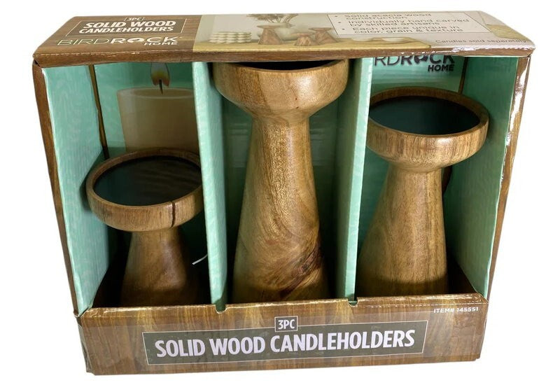 BIRDROCK HOME 3pc Flare Candleholders Gift Set Farmhouse Wooden Candle Holders