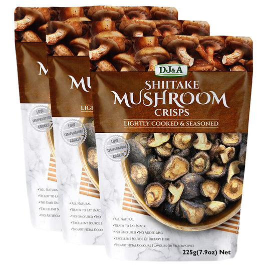 3x225g DJ&A Whole & Cut Shiitake Mushroom Crisps Kids Snack Dietyary Fibre Vegan