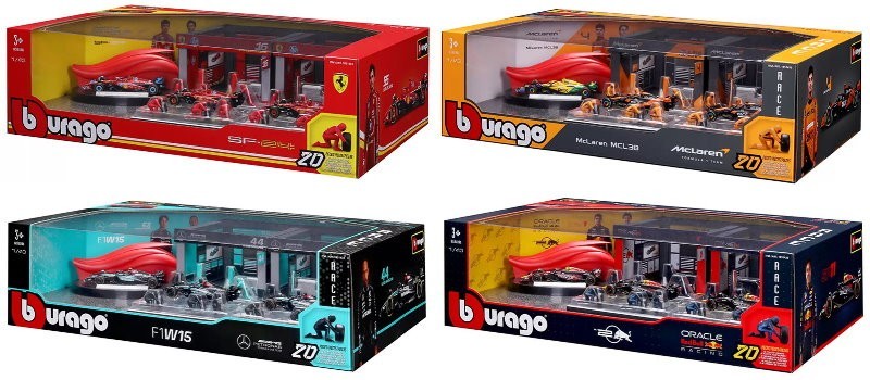 Burago 1:43 Formula One Racing Deluxe Paddock Ferrari, McLaren, Mercedes, RedBul