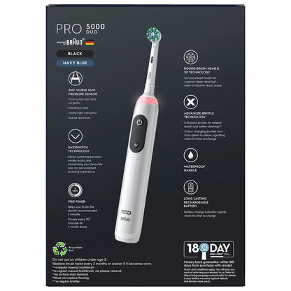 Oral-B Pro 5000 Duo Electric Toothbrush 2 x Handles 3x Brush Head 360 Gum Sensor