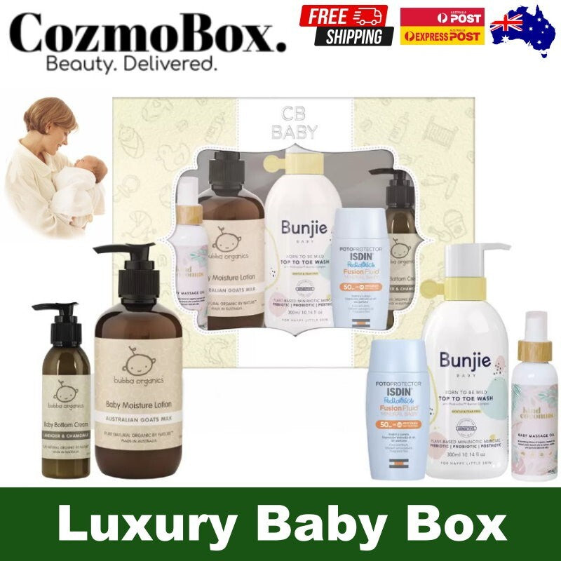 CB CozmoBox Luxury Infant Baby Gift Box - Bubba Organics, Isdin, Kind Coconuts