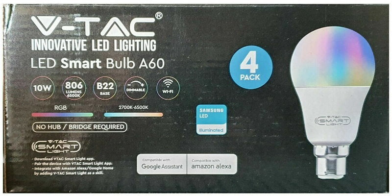 V-TAC Bluetooth Smart RGB LED Light Bulb A60 E27 or B22 - App or Voice Control