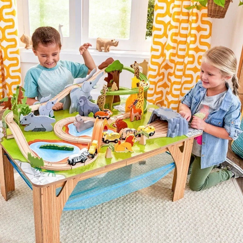 Kidkraft 52 Pcs Wooden Adventure Tracks Safari Run Play Table with Storage Net