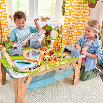 Kidkraft 52 Pcs Wooden Adventure Tracks Safari Run Play Table with Storage Net