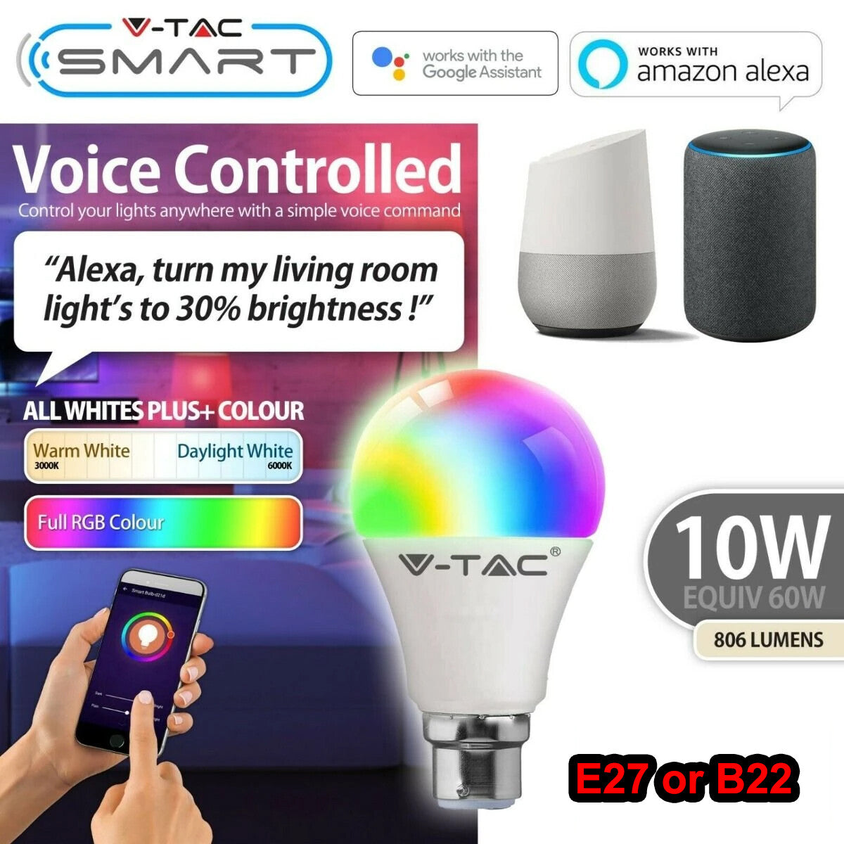 4 x RGB LED Smart App Light Bulb Lighting Dimmable Wifi Google Alexa E27 B22 10w